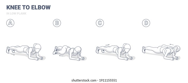 Knee to Elbow in Low Plank Exercise Female Silhouette Illustration. Concept of Girl Working at Home on Her Abs a Young Woman in Sportswear Doing Elbow Plank Home Workout.