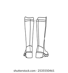 Botas altas de la rodilla botas gruesas del talón del bloque del dedo del pie redondo botas altas con el arte de la línea de la hebilla Bosquejo técnico dibujando a mano contorno Vector doodle ilustración vista posterior lateral aislada en un fondo blanco