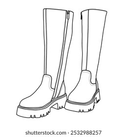 Botas altas de la rodilla, zapatos cómodos de las botas de la cremallera del lado del dedo gordo de la plataforma para el arte de la línea de las mujeres, bosquejo técnico dibujando el contorno de la mano Vector doodle ilustración vista lateral aislada en blanco