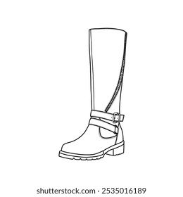 Botas altas de rodilla, banda elástica casual botas altas de equitación con hebilla línea de arte, boceto técnico dibujando a mano delineando Vector doodle ilustración. Aislado en un fondo blanco