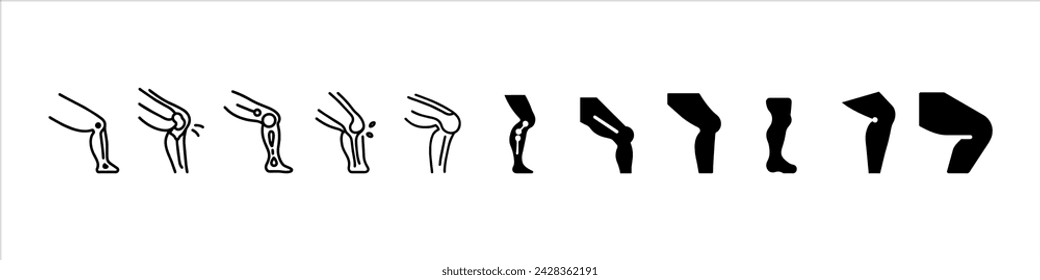 Knee icon,  human knee joint icon, Knee joint icon, Arthritis knee joint pain. Bones joint icon, Anatomy Leg Skeleton Linear Pictogram. Arthritis, Osteoporosis Illness of Bone Joints Outline Icons.