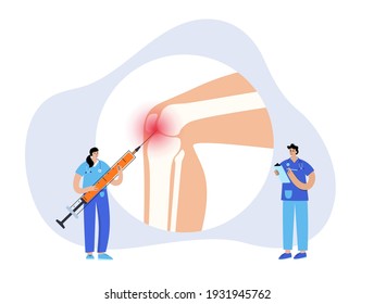 Knee injection concept. Doctor injecting medicine in the clinic. DIsease of osteoporosis arthritis, pain inflammation and joint problems in the legs. PRP treatment logo flat vector illustration..
