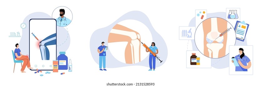 Knee injection concept. Doctor injecting medicine in the clinic. DIsease of osteoporosis arthritis, pain inflammation and joint problems in the legs. PRP treatment logo flat vector illustration.