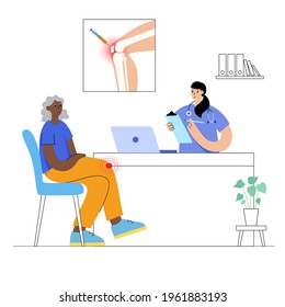 Knee Injection Concept. Old Age Black Woman In Clinic. Osteoporosis Arthritis DIsease, Pain Inflammation And Joint Problems In Legs. PRP Treatment Vector Illustration. Mature Senior Lady In Hospital