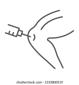 Knee injection thin line icon, orthopedic and medical, bone injection sign, vector graphics, a linear pattern on a white background, eps 10.