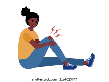 Knee injury concept vector illustration on white background. African woman has leg pain in flat design. Muscle or bone problem.