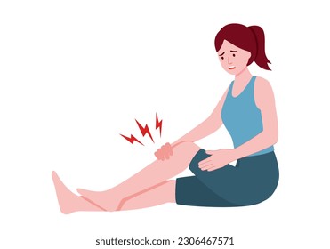 Ilustración vectorial del concepto de lesión de rodilla sobre fondo blanco. La mujer tiene dolor de piernas en diseño plano. Problemas musculares o óseos.