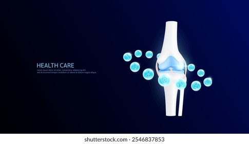 Anatomia articular do joelho com símbolo de sinal de ícone médico dentro de bola brilhante cercada. Órgão ósseo humano sobre fundo azul escuro. Conceito de cuidados de saúde da ciência médica. Vetor de banner.