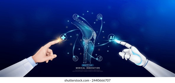 Hueso articular de la rodilla en el átomo. Doctor y robot dedo de tocar icono AI símbolo de la cruz. El cuidado de la salud a la inteligencia artificial cyborg o la innovación tecnológica ciencia médica futurista. Banner vector EPS10.