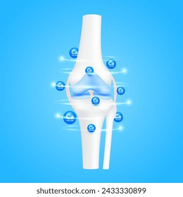 Kniegelenk Knochen und blaue Kalziumminerale um den Radius herum, um Knorpelband-Arthritis zu schützen. Für Werbung für medizinische Ergänzungen. 3D realistischer Vektor EPS10.