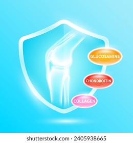 Hueso de la articulación de la rodilla en vidrio blando azul con minerales de colágeno Chondroitin Glucosamina y vitaminas. Complementar los nutrientes necesarios para la salud. Atención médica. EPS10 vectores.