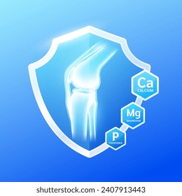 Knee joint bone in blue shield glass with Vitamins and Minerals calcium magnesium phosphorus. Supplement nutrients necessary for health. Medical health care. Vector EPS10.