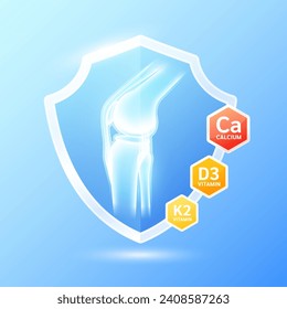 Knee joint bone in blue shield glass with Vitamin D3 K2 and Minerals calcium. Supplement nutrients necessary for health. Medical health care. Vector EPS10.