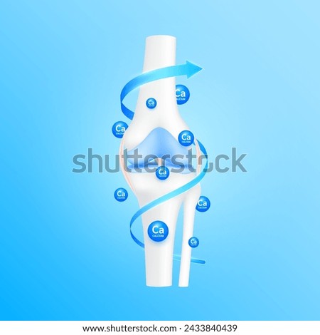 Knee joint bone and calcium minerals surrounded by blue arrow to protect cartilage ligament arthritis. For advertising medical supplements. 3D realistic vector EPS10.