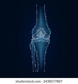 Knee joint bone in electronic form glowing between information connecting lines. Medical science of technology digital hi tech. Futuristic digital circuit board innovative health care. Vector EPS10.