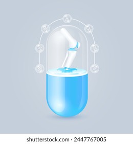 Knee joint bone floating on cross symbols medical in transparent blue capsule pill. Doctor, syringe, shield, and stethoscope icons are the periphery. Medical organ protection and health care. Vector.