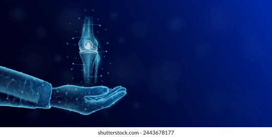 El hueso de la articulación de la rodilla flota en la mano del médico enfermero. Órgano humano bajo estilo polígono de poli. Sobre fondo azul oscuro con espacio de copia vacío para el texto. Concepto de atención médica. Ilustración vectorial.