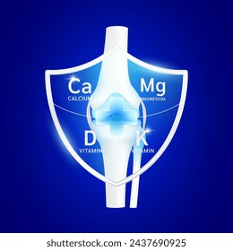 Knee joint bone in glass shield with magnesium calcium minerals and vitamin D, K surrounded to protect cartilage ligament arthritis. For advertising medical supplements. 3D realistic vector EPS10.