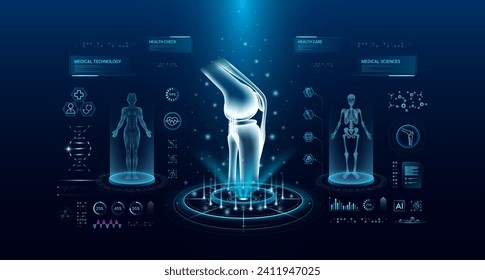 Knee joint bone health care technology with scan virtual interface hologram style. X ray and MRT human body examination. Medical diagnostic with HUD. Analysis in futuristic laboratory. Vector EPS10.