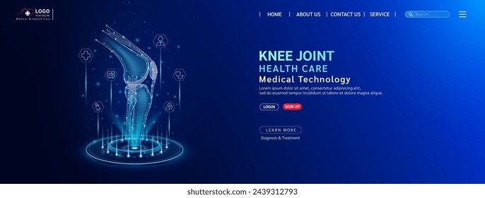 Knee joint bone health care. Diagnose disease with technology artificial intelligence. Medical website template layout design. Banner for medical ads online social media. Vector.