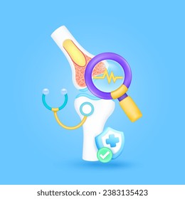 Knee joint bone health check up with doctor. Yellow heart pulse in magnifying glass looking joint diagnosis and shield symbol cross, check mark button. Medical health care. 3d icon organ vector.