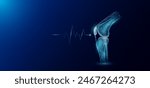 Knee joint bone human organ skeleton anatomy in form style polygon low poly futuristic and pulse wave glowing. Medical science template banner with empty space for text. Vector EPS10 illustration.