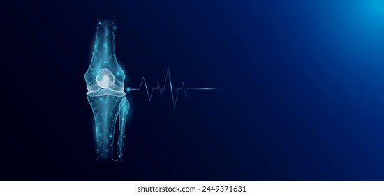 Kniegelenk Knochen menschliche Organ Skelett Anatomie in Form Polygon Low Poly futuristisch und Pulswelle glühend. Banner der medizinisch-wissenschaftlichen Vorlage mit leerem Textbereich. Vektorgrafik EPS10 Abbildung.