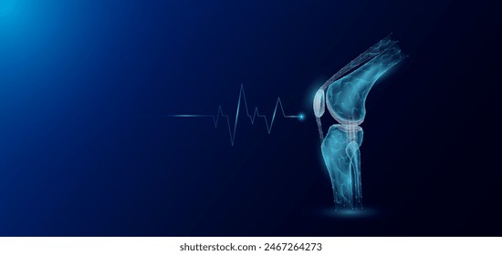 Knee joint bone human organ skeleton anatomy in form style polygon low poly futuristic and pulse wave glowing. Medical science template banner with empty space for text. Vector EPS10 illustration.