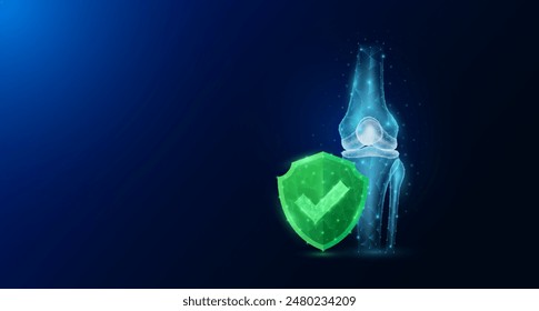 Kniegelenk Knochen menschliche Organanatomie mit Häkchen in grünem Schild glühend. Schutz vor Arthritis und Osteoporose. Medizinisches Wissenschaftskonzept. Banner Leerzeichen für Text. Vektorgrafik EPS10.