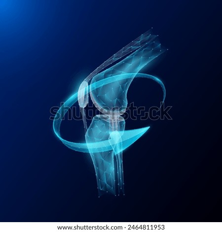 Knee joint bone human organ anatomy in form style polygon low poly surrounded by arrows glowing on dark blue background. Used for design medical science advertisements. Vector EPS10 illustration.