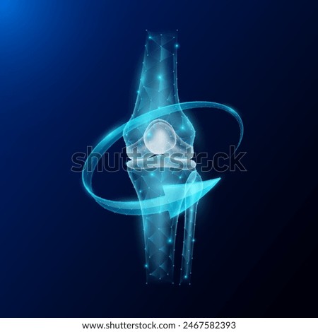 Knee joint bone human organ anatomy in form style polygon low poly surrounded by arrows glowing on dark blue background. Used for design medical science advertisements. Vector EPS10 illustration.