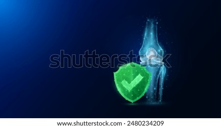 Knee joint bone human organ anatomy with check mark in green shield glowing. Protection arthritis osteoporosis. Medical science concept. Banner empty space for text. Vector EPS10.