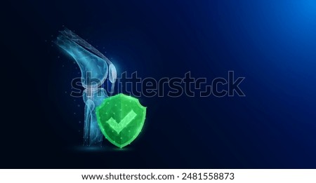 Knee joint bone human organ anatomy with check mark in green shield glowing. Protection arthritis osteoporosis. Medical science concept. Banner empty space for text. Vector EPS10.