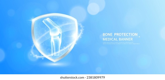 Knee joint bone inside glass shield glowing with medical icon sign symbol on blue bokeh lights background. Human anatomy organ translucent. Medical health care innovation immunity protection. Vector.