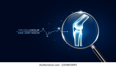 Knee joint bone in magnifying glass with scan search and blue glowing neon heart pulse. Health care and medical check up too innovative digital technology. Body health checkup examining organ. Vector