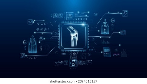 Knee joint bone organ human in microchip processor circuit board. HUD interface hologram. Innovative health care analysis of AI technology digital hi tech. Modern treatment future medicine. Vector.