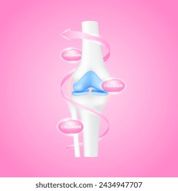 Knee joint bone and pink collagen arrow surrounding. Calcium minerals to protect cartilage ligament arthritis. For advertising medical supplements. 3D realistic vector EPS10.