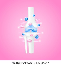 Knee joint bone and pink collagen calcium minerals blue surrounding to protect cartilage ligament arthritis. For advertising medical supplements. 3D realistic vector EPS10.