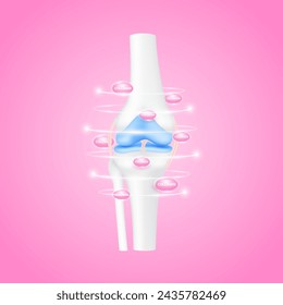Knee joint bone and pink collagen surrounding. Calcium minerals to protect cartilage ligament arthritis. For advertising medical supplements. 3D realistic vector EPS10.