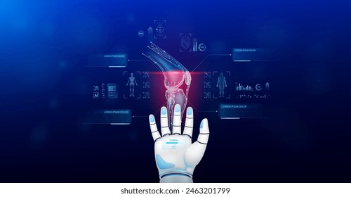 El médico robot de gammagrafía ósea de la articulación de la rodilla diagnostica la enfermedad en la mano. Pantalla de interfaz digital del sistema de resonancia magnética del cuerpo humano análisis de ADN de órganos. Innovación futura en salud. Tecnología médica. Vector.