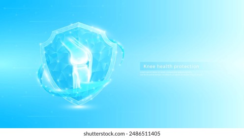 Knee joint bone style polygonal in shield glowing surrounded by blue arrows. Medical science protection symbol. Health care concept. Banner vector EPS10.