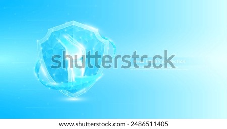 Knee joint bone style polygonal in shield glowing surrounded by blue arrows. Medical science protection symbol. Health care concept. Banner vector EPS10.