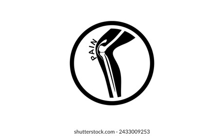 Knee joint bones with pain symbol, black isolated silhouette