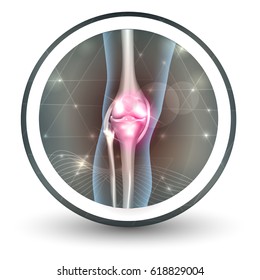 Knee Joint Health Care Icon, Abstract Transparent Shapes And Wave At The Background.