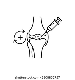 Knee joint injection line icon for stem cell therapy, regenerative medicine, orthopedic treatment and cartilage care concept