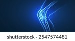 Knee joint isolated on blue. Bone health, physiotherapy care, joint disorder, glucosamine repair, orthopedic surgery, physical therapy, magnesium supplement, osteoarthritis treatment concept