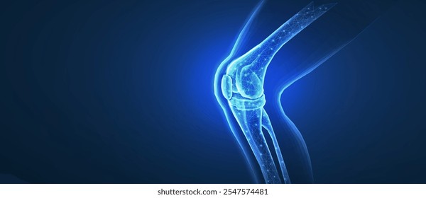 Knee joint isolated on blue. Bone health, physiotherapy care, joint disorder, glucosamine repair, orthopedic surgery, physical therapy, magnesium supplement, osteoarthritis treatment concept