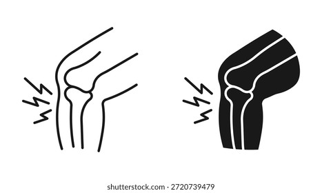 Ícone de dor na articulação do joelho definido em estilo de contorno e silhueta para artrite, lesão, tratamento ortopédico e fisioterapia, ilustração vetorial.