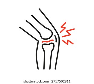 Dolor en la articulación de la rodilla con un rayo rojo que indica el icono de la línea de molestia. Diagrama médico para problemas de salud, ortopedia o fisioterapia. Ilustración vectorial