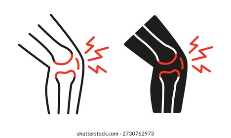 Dolor en la articulación de la rodilla con rayo rojo indicando línea de molestia e icono negro. Diagrama médico para problemas de salud, ortopedia o fisioterapia. Ilustración vectorial